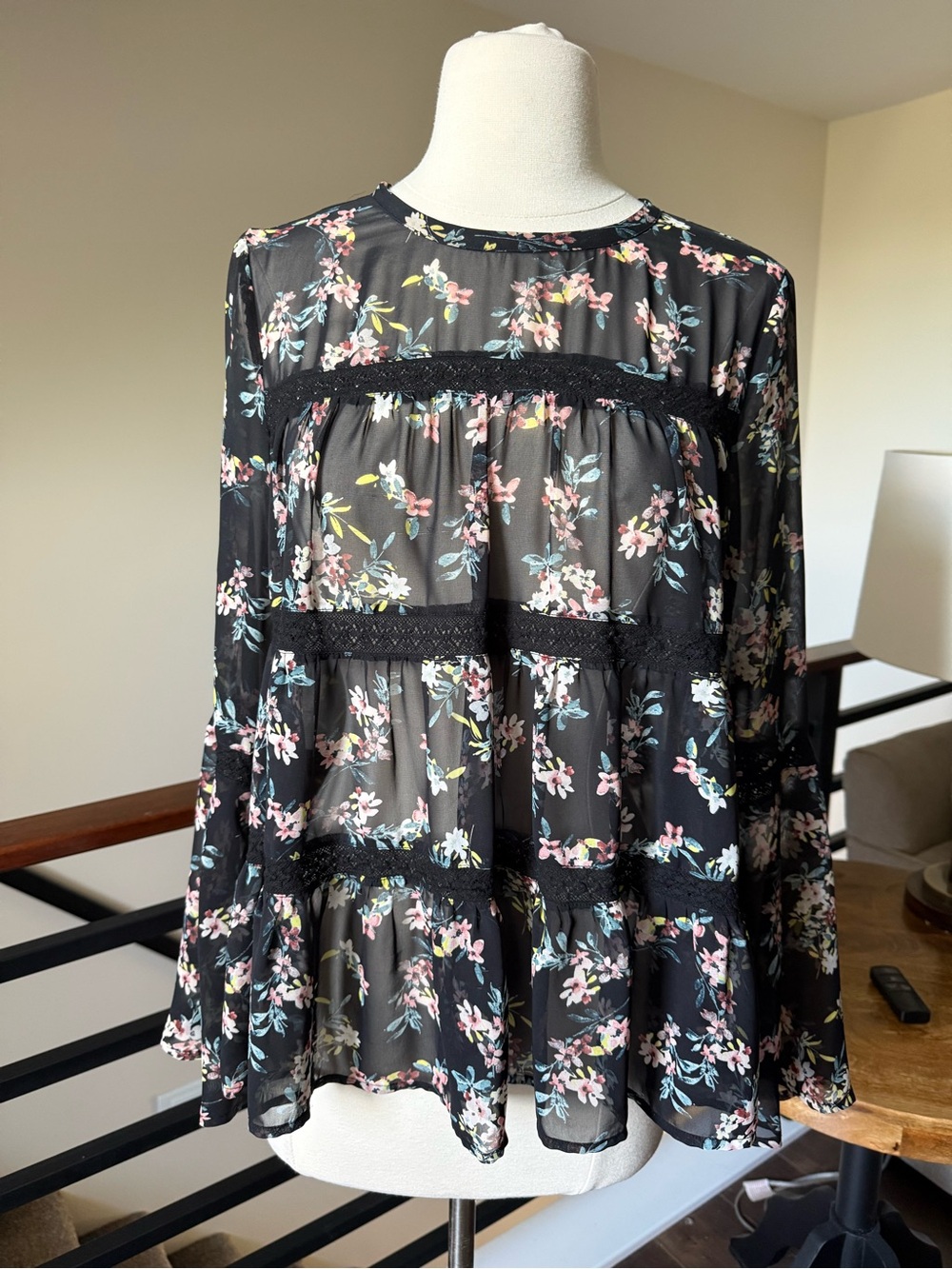 Anthropologie Ro & De sheer black floral swing top S